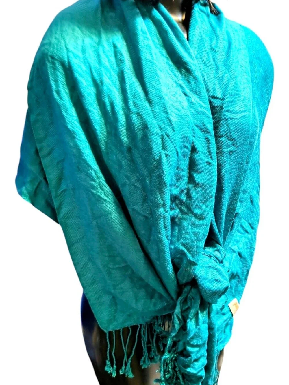 Authentic 100% Pashmina Scarf Shawl Wrap Teal Turquoise Blue Fringe Retro Boho